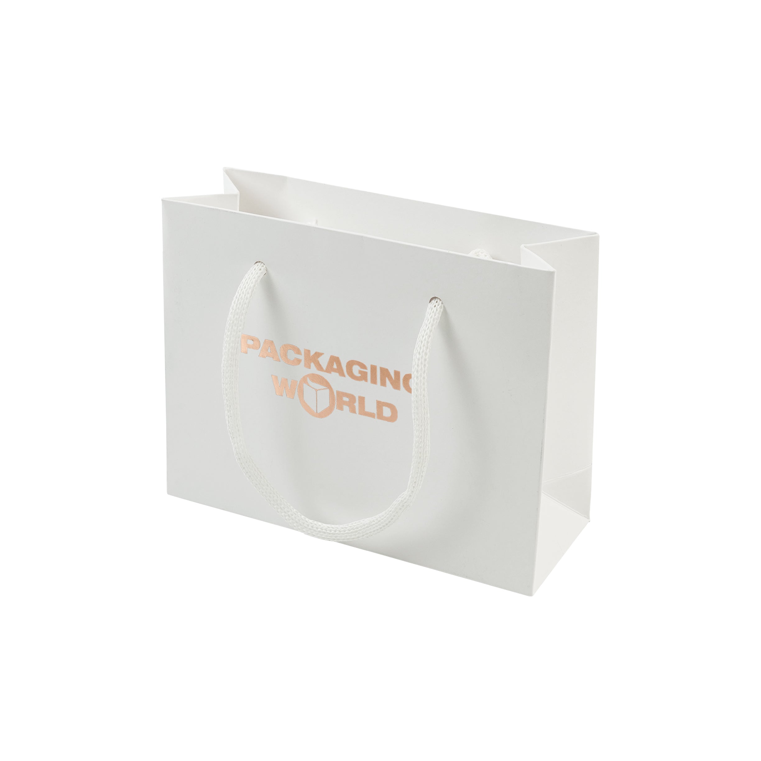White paper bag with 'Packaging World' text on a white background