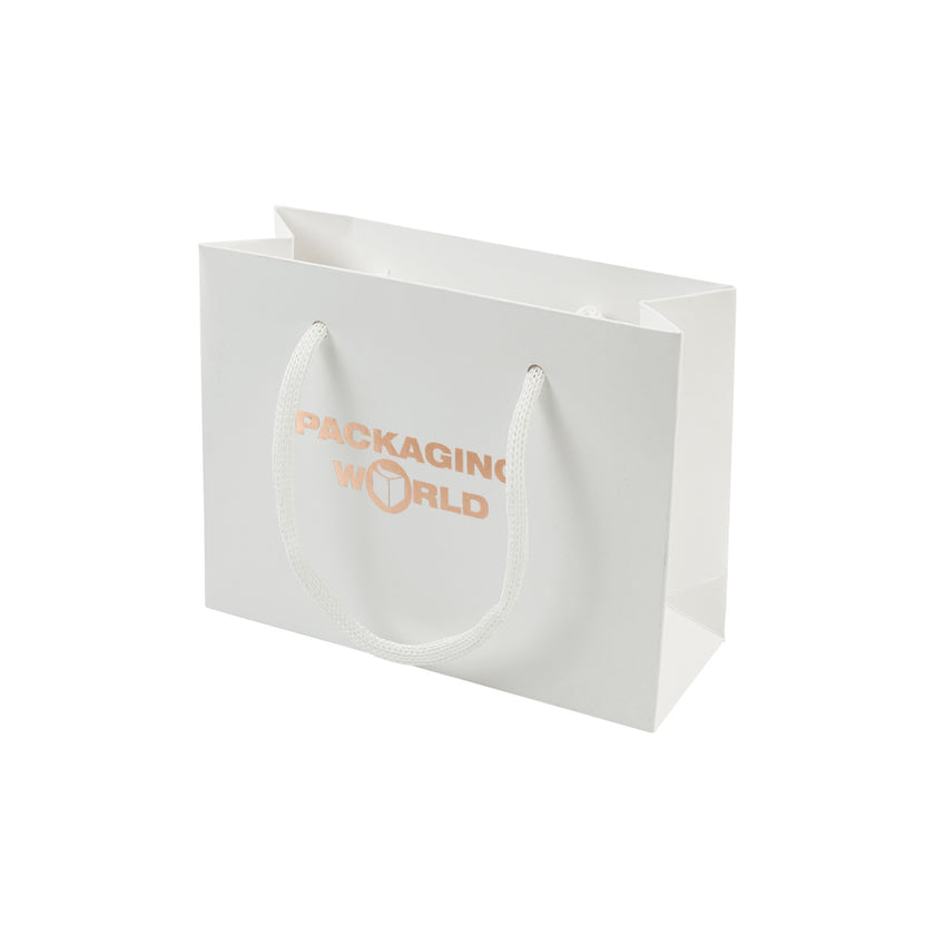 White paper bag with 'Packaging World' text on a white background