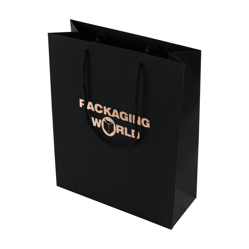 Black paper bag with 'Packaging World' logo on a white background