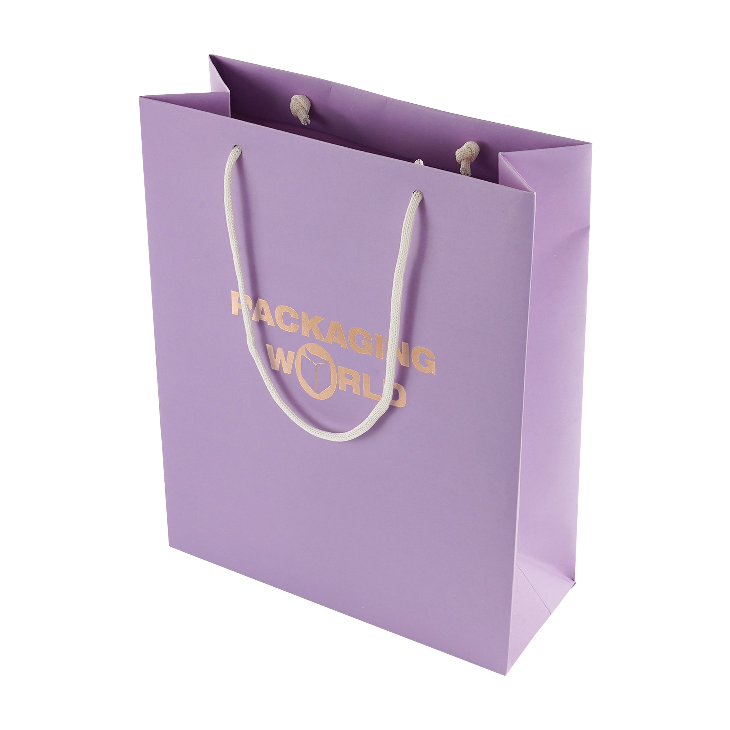 Purple paper bag with 'Packaging World' logo on a white background