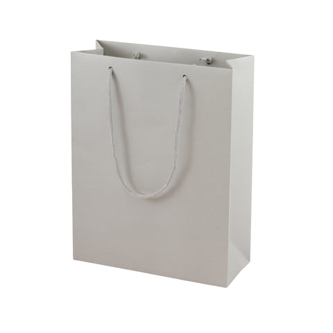 Grey eco-friendly paper gift bag with braided rope handles.