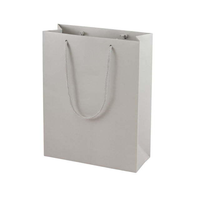 Grey eco-friendly paper gift bag with braided rope handles.