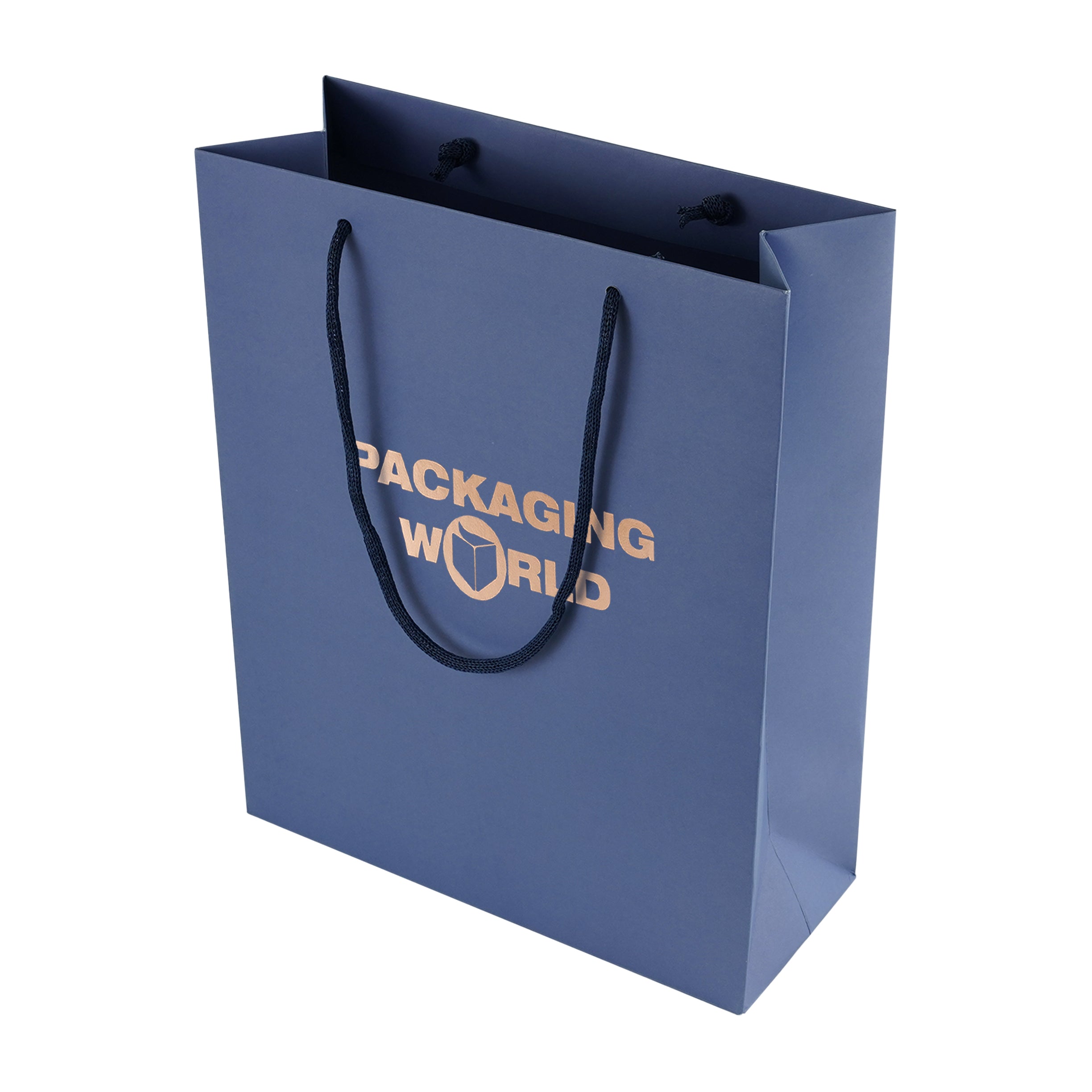 Blue paper bag with 'Packaging World' text on a white background