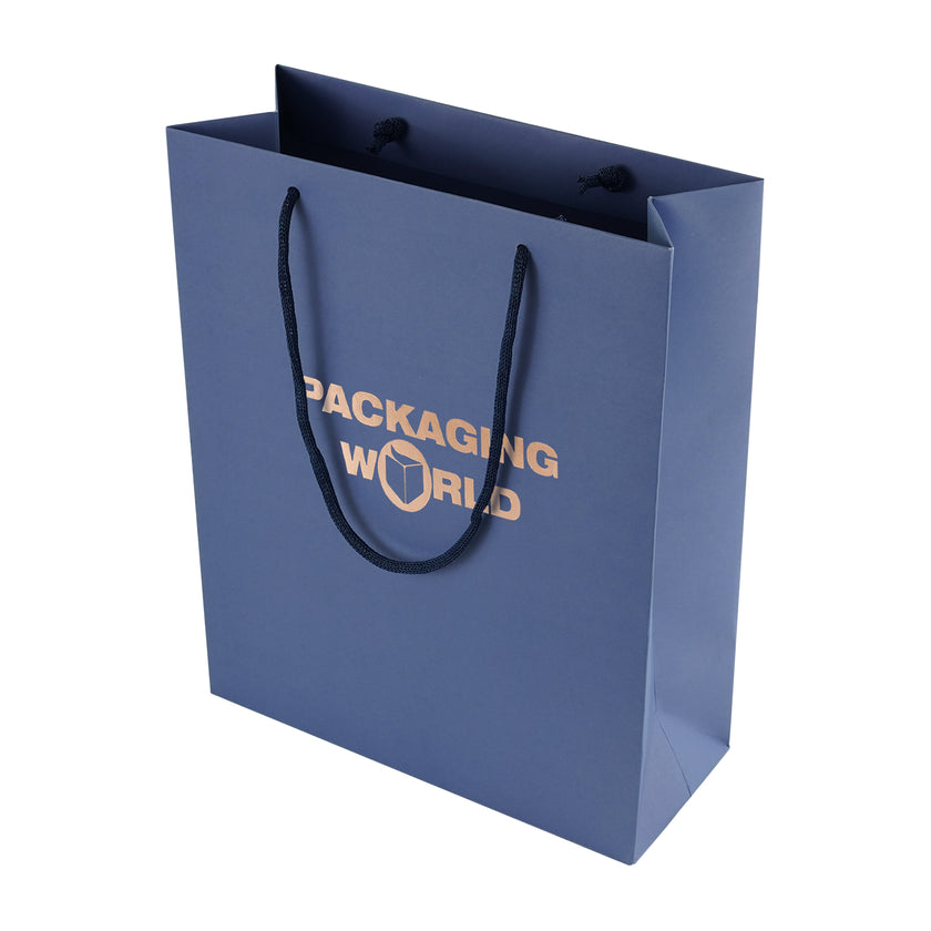 Blue paper bag with 'Packaging World' text on a white background