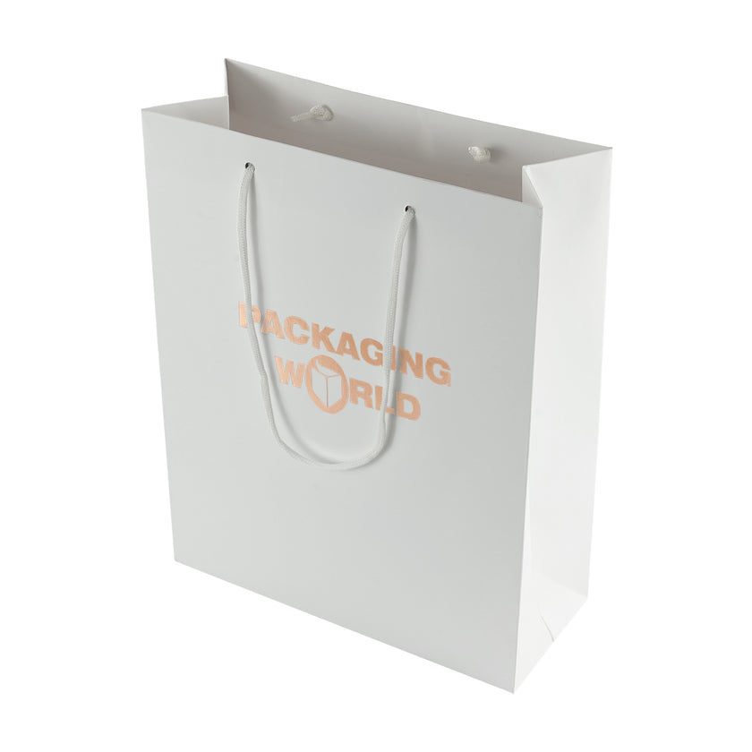 White paper bag with 'Packaging World' text on a white background