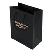 Black paper bag with 'Packaging World' logo on a white background