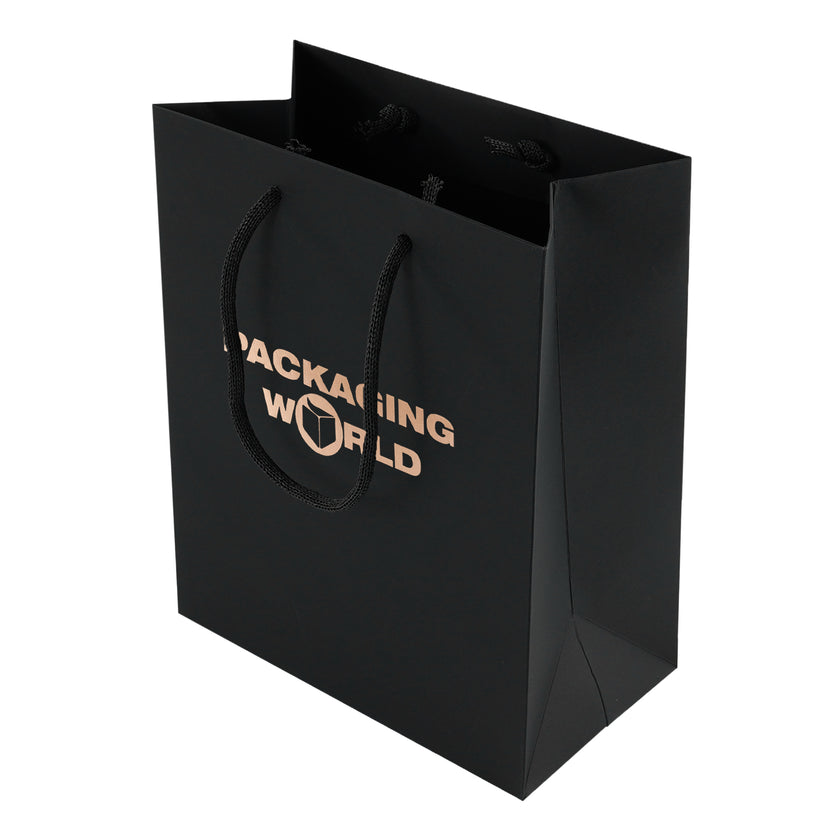 Black paper bag with 'Packaging World' logo on a white background