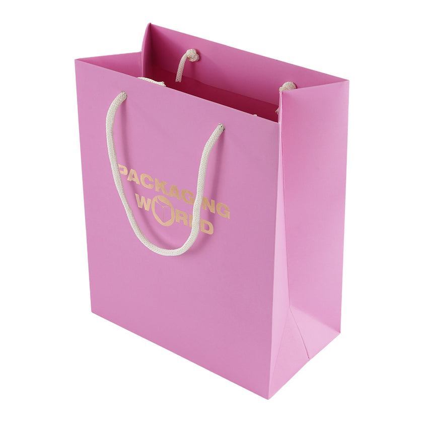 Pink paper bag with white handles and 'Packaging World' branding on a white background
