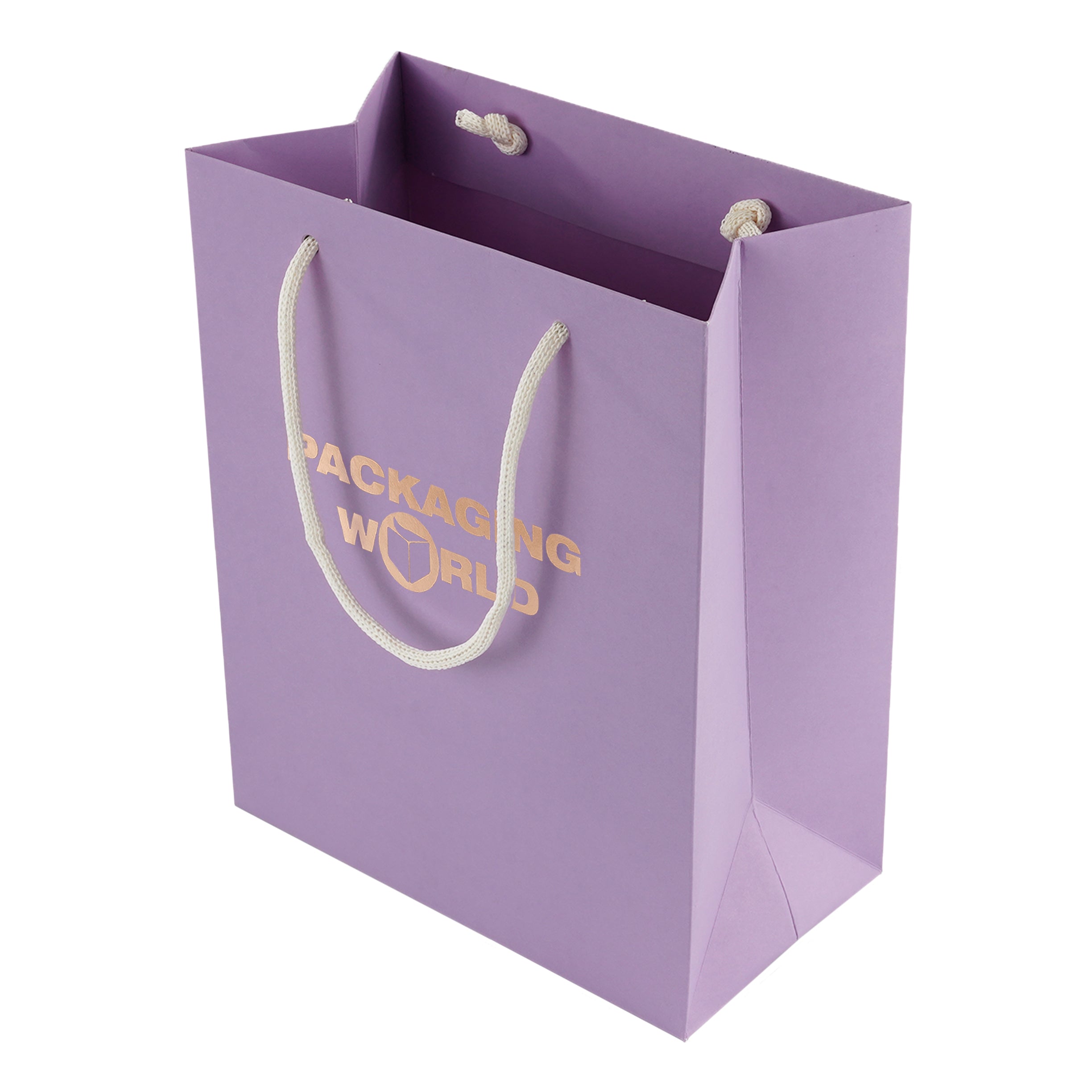 Purple paper bag with 'Packaging World' text on a white background