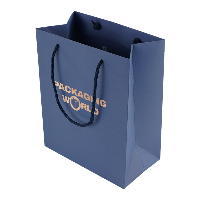 Blue paper bag with 'Packaging World' text on a white background