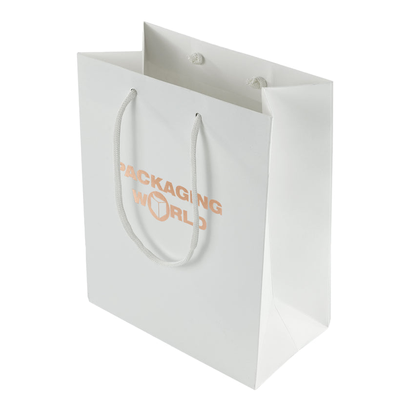 White paper bag with 'Packaging World' logo on a white background