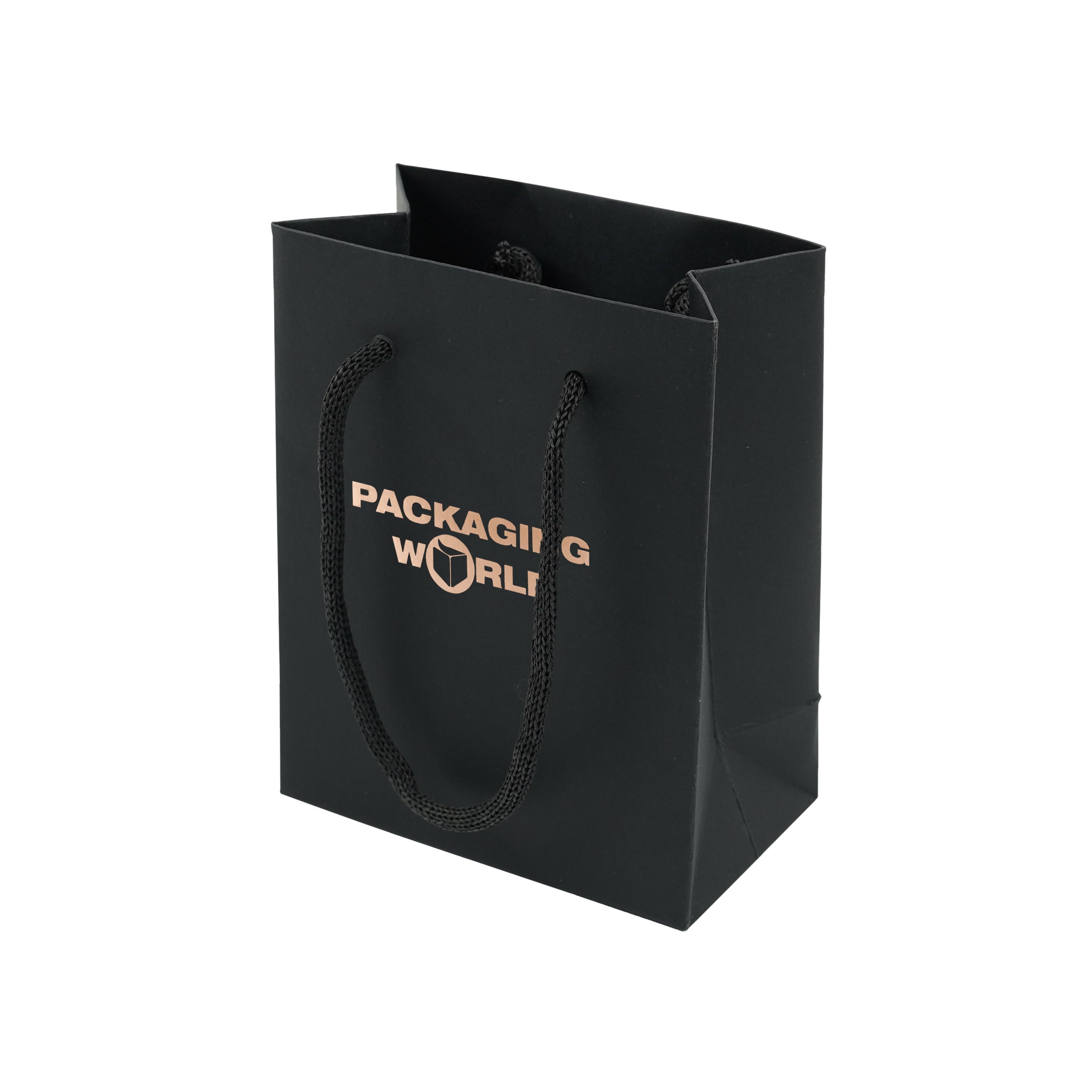 Black paper bag with 'Packaging World' logo on a white background