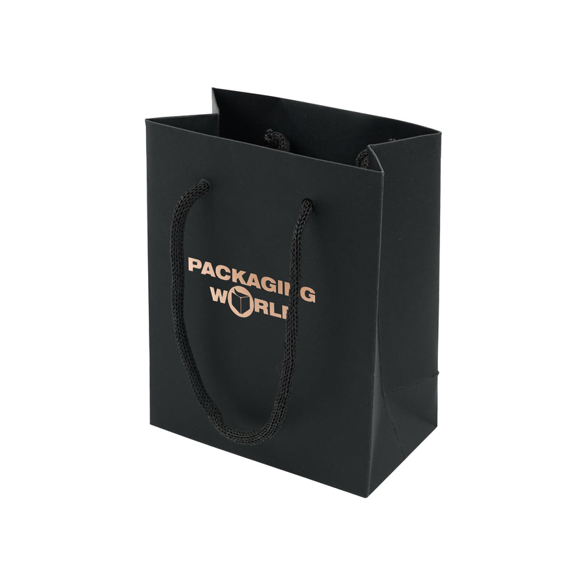 Black paper bag with 'Packaging World' logo on a white background