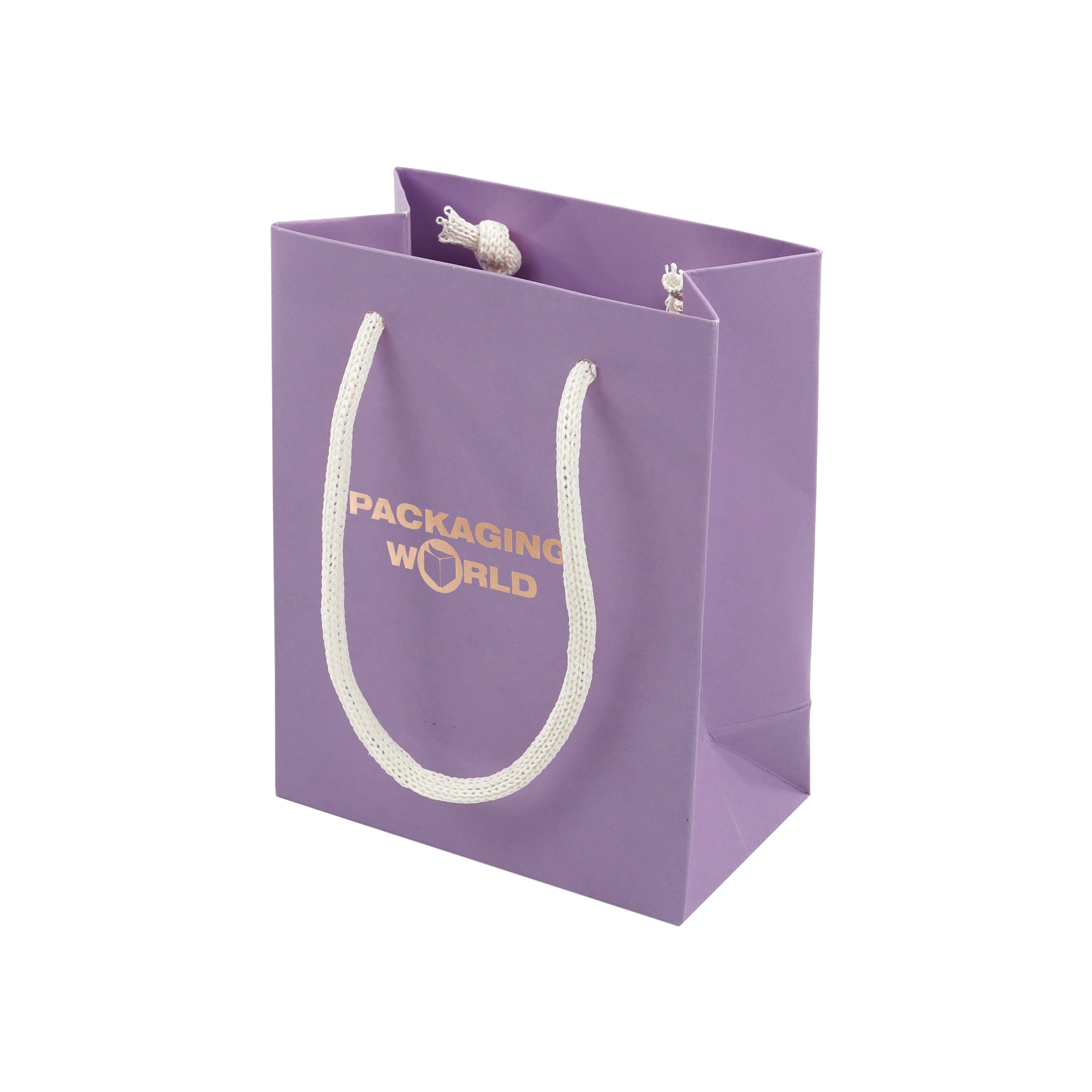 Purple gift bag with white handles and 'Packaging World' branding on a white background