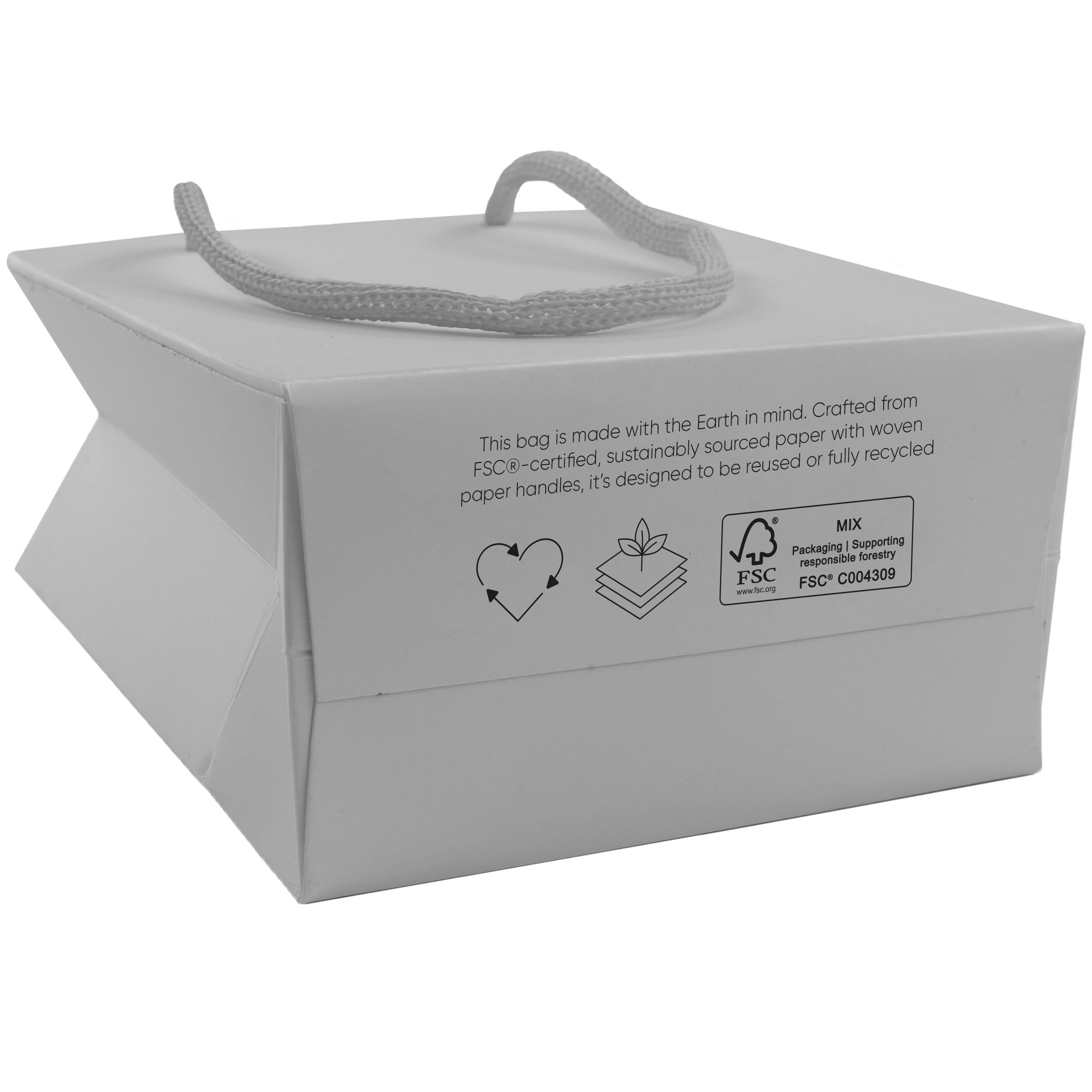 Grey eco-friendly paper gift bag with a FSC Certified logo.