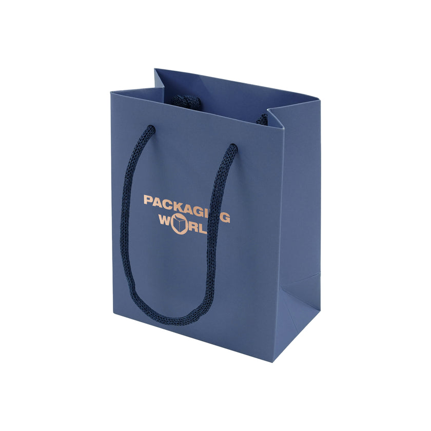 Blue paper bag with 'Packaging World' logo on a white background