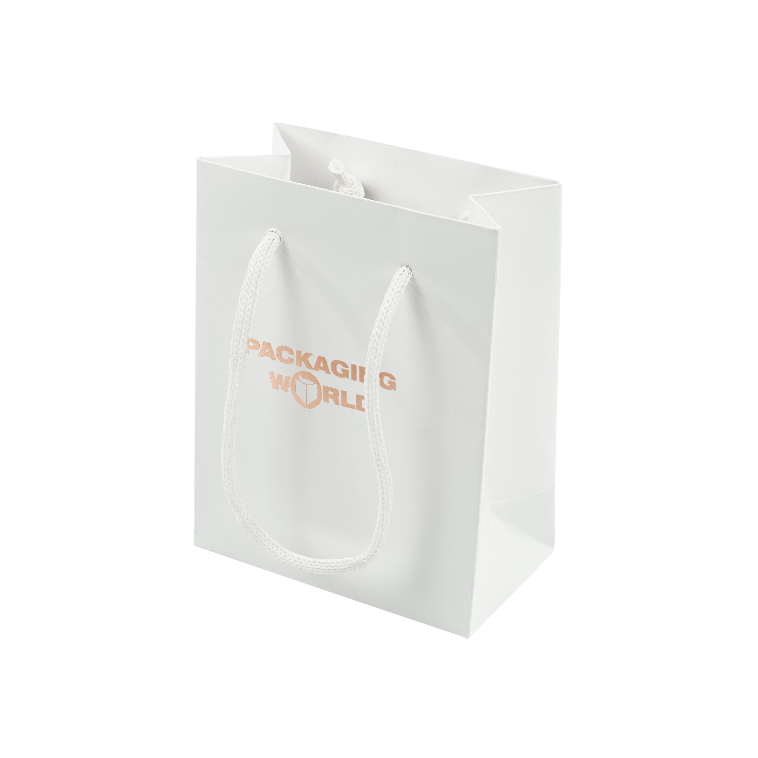 White gift bag with 'Packaging World' text on a white background