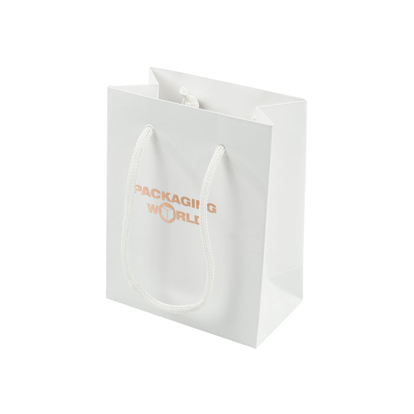 White gift bag with 'Packaging World' text on a white background