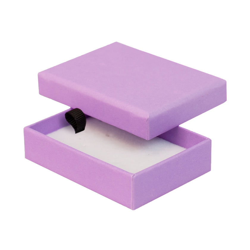 Lilac rectangle recyclable eco kraft box with white insert.