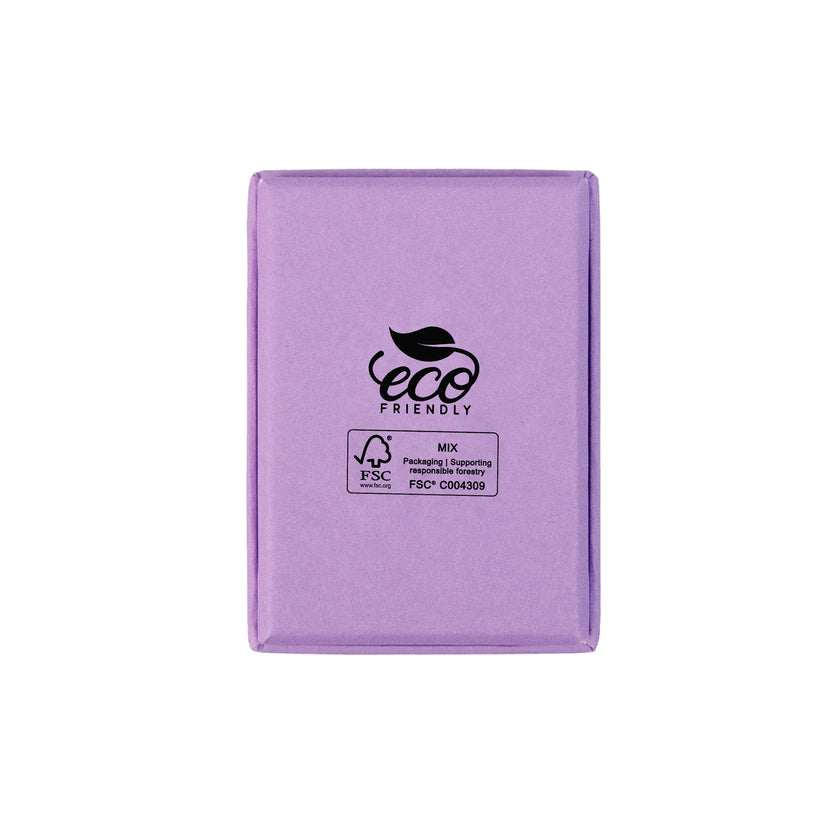 Lilac rectangle recyclable eco kraft box with FSC logo.