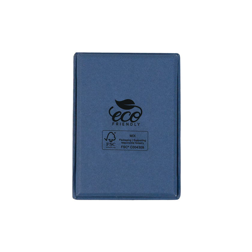 Blue rectangle recyclable eco kraft box with FSC logo.