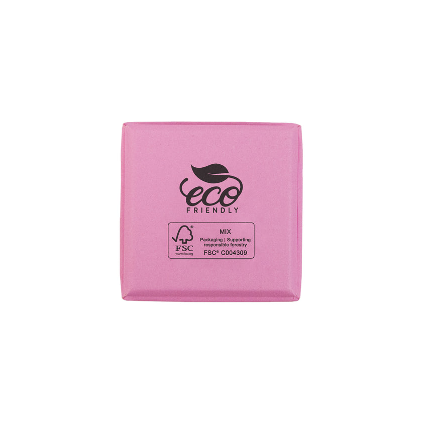 Pink square recyclable eco kraft box with FSC logo.