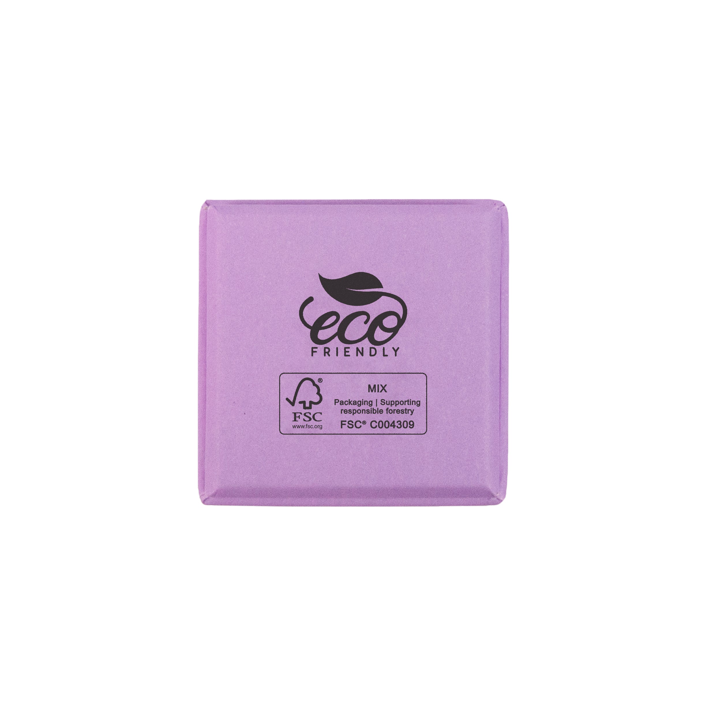 Lilac square recyclable eco kraft box with FSC logo.