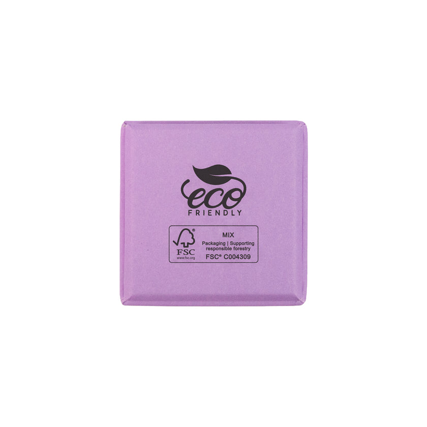 Lilac square recyclable eco kraft box with FSC logo.