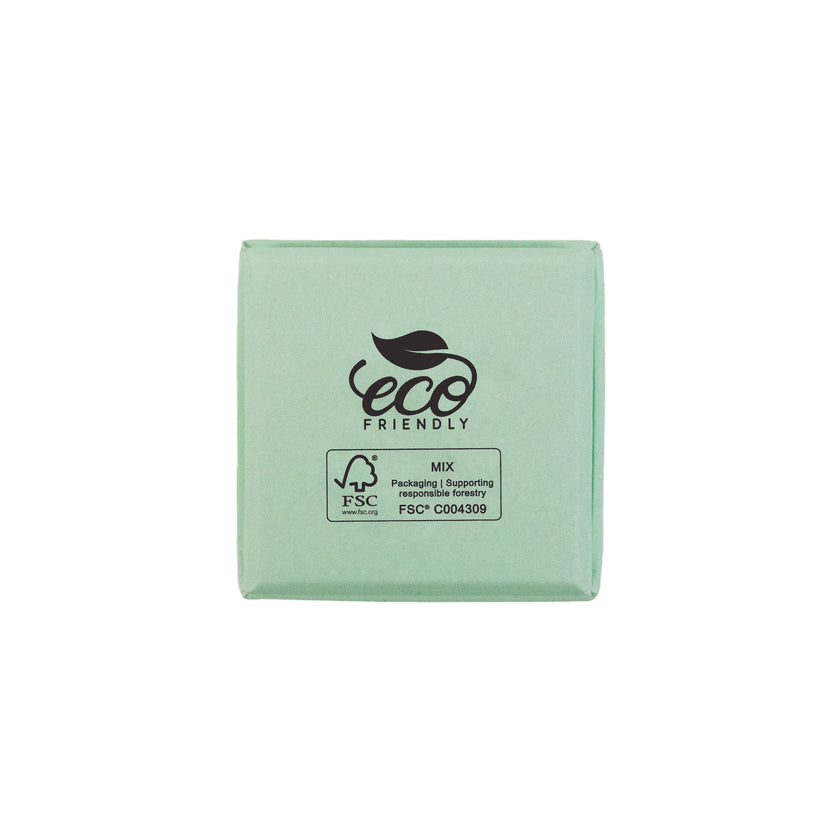 Green square recyclable eco kraft box with FSC logo.