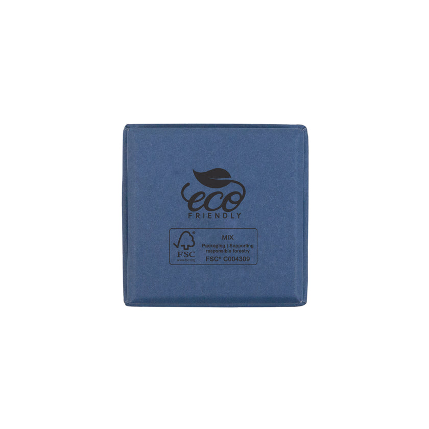 Blue square recyclable eco kraft box with FSC logo.