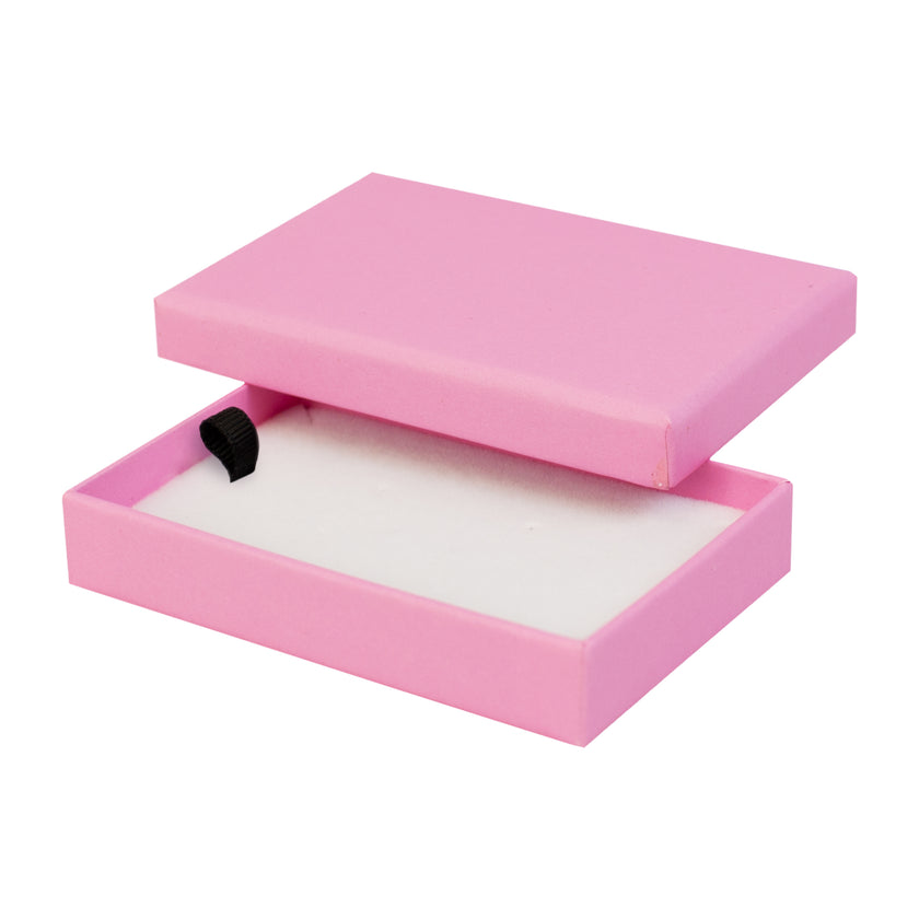 Pink rectangle recyclable eco kraft box with white insert.