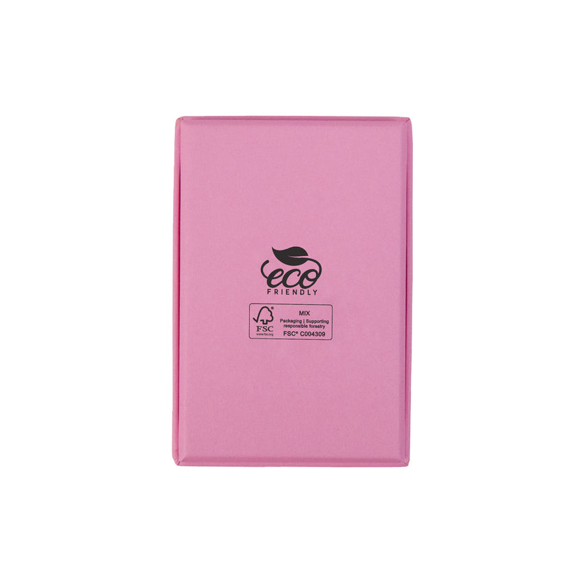 Pink rectangle recyclable eco kraft box with FSC logo.