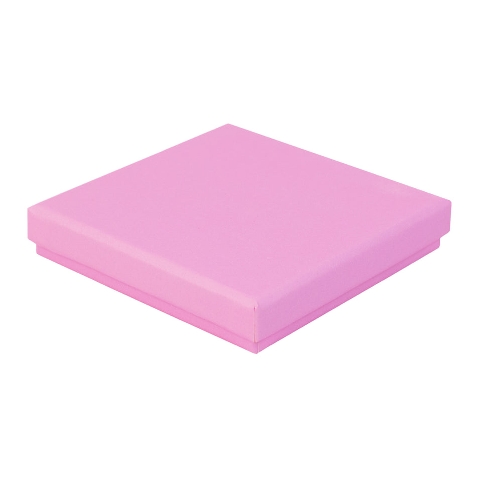 Pink square recyclable eco kraft box with closed lid.