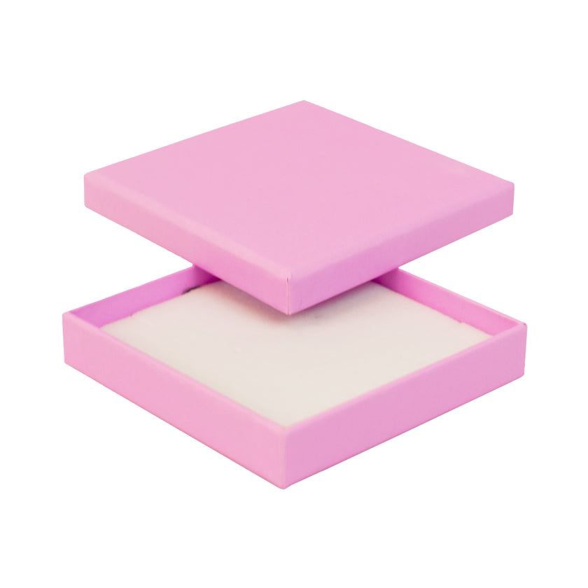 Pink square recyclable eco kraft box with white insert.