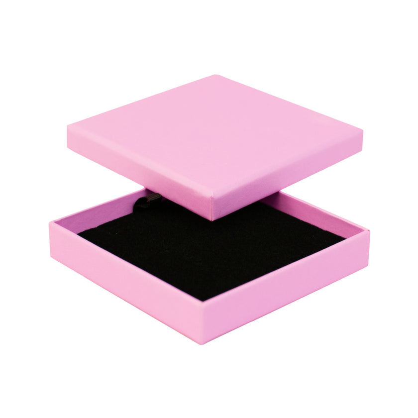 Pink square recyclable eco kraft box with black insert.