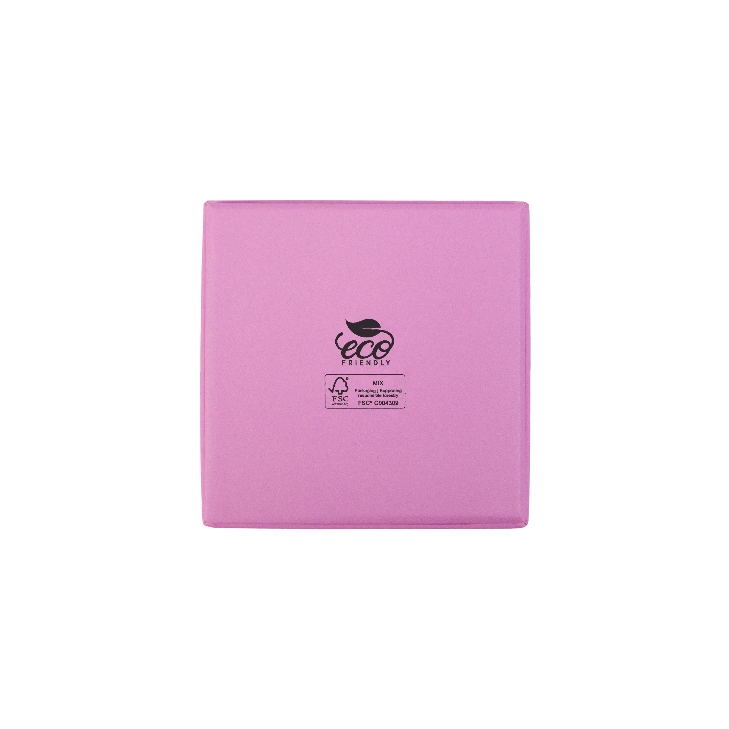 Pink square recyclable eco kraft box with FSC logo.