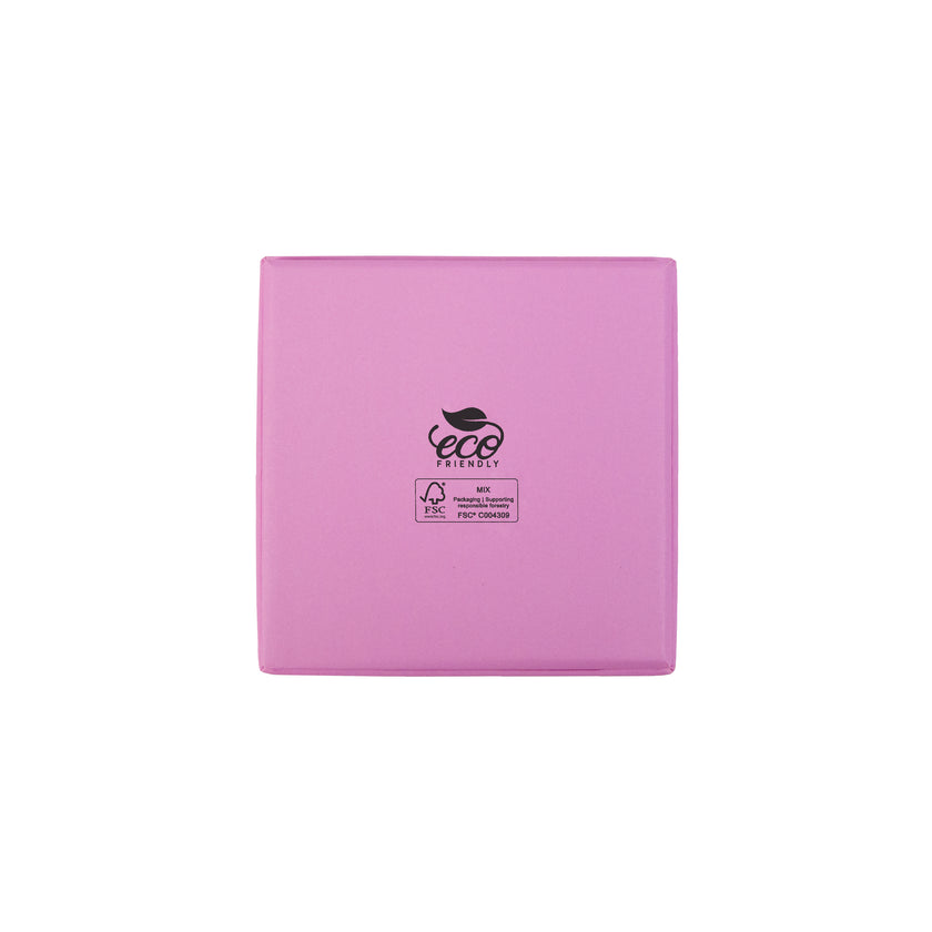 Pink square recyclable eco kraft box with FSC logo.