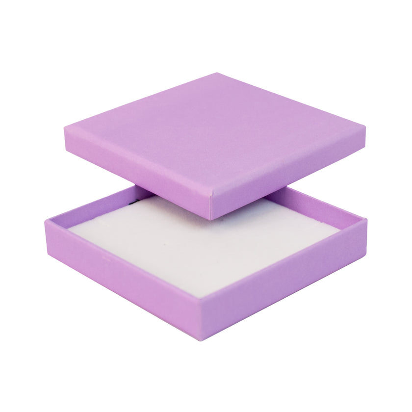Lilac square recyclable eco kraft box with white insert.