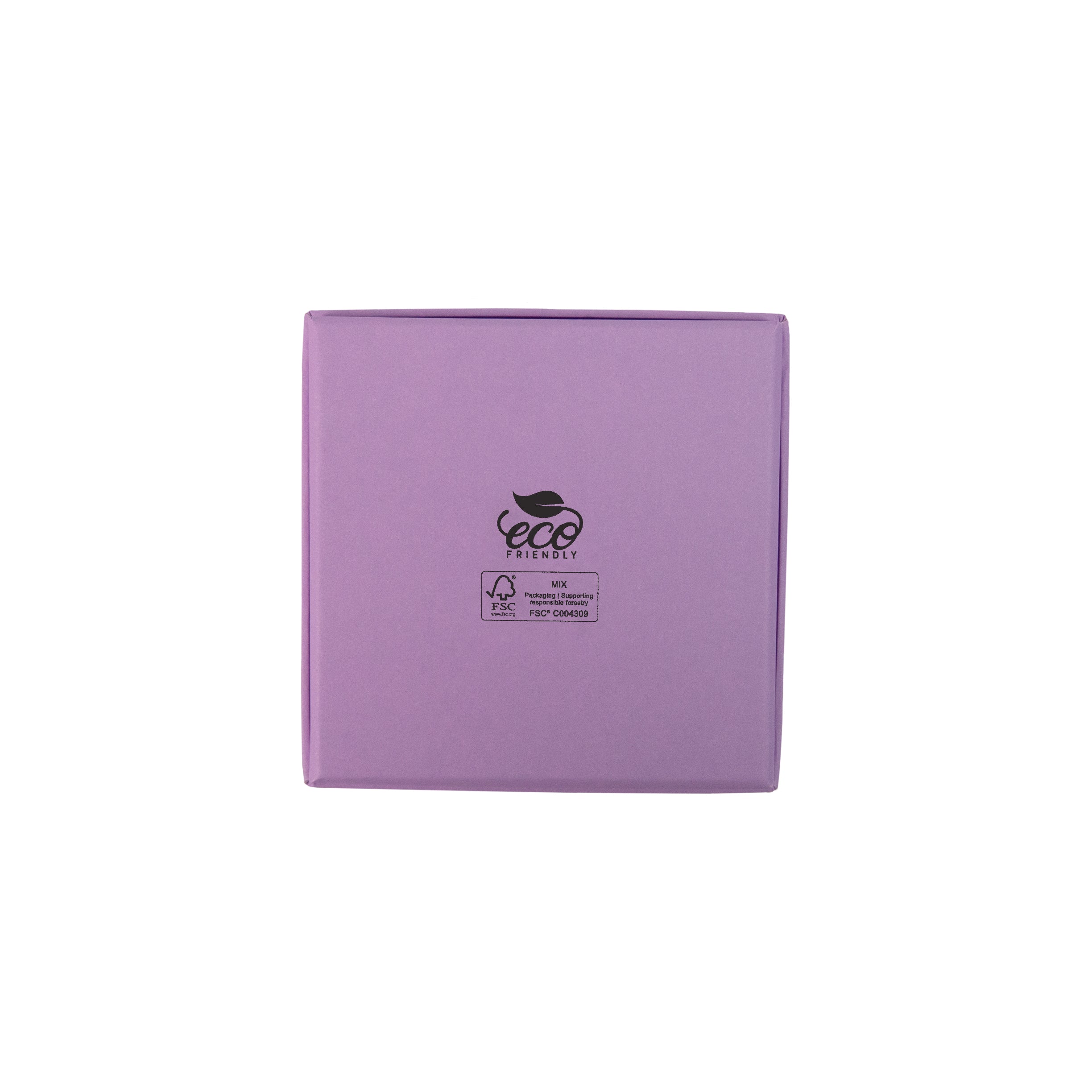 Lilac square recyclable eco kraft box with FSC logo.