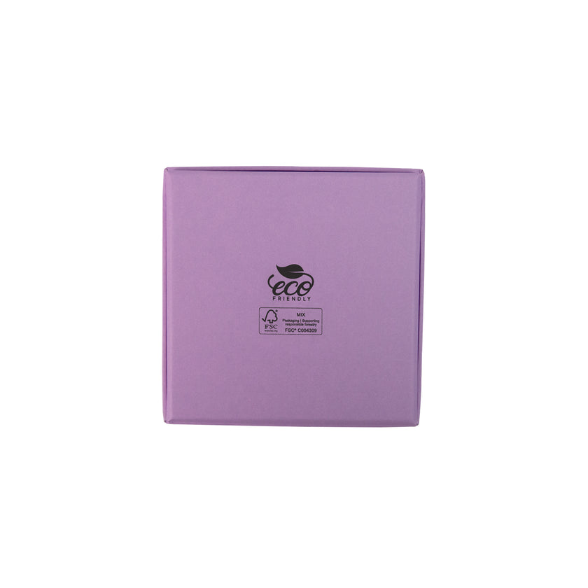 Lilac square recyclable eco kraft box with FSC logo.