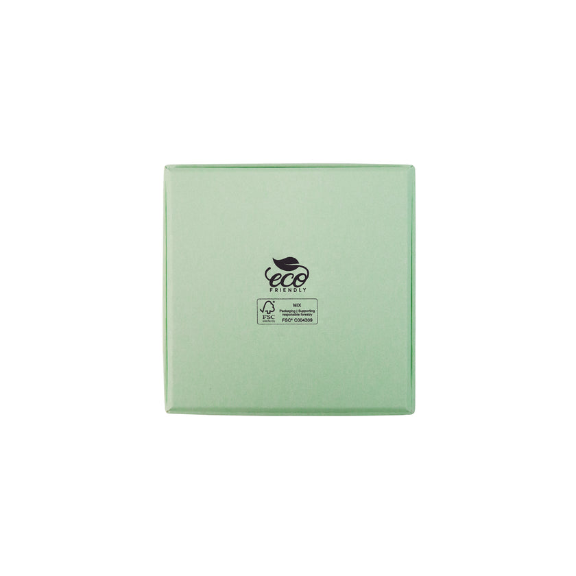 Green square recyclable eco kraft box with FSC logo.