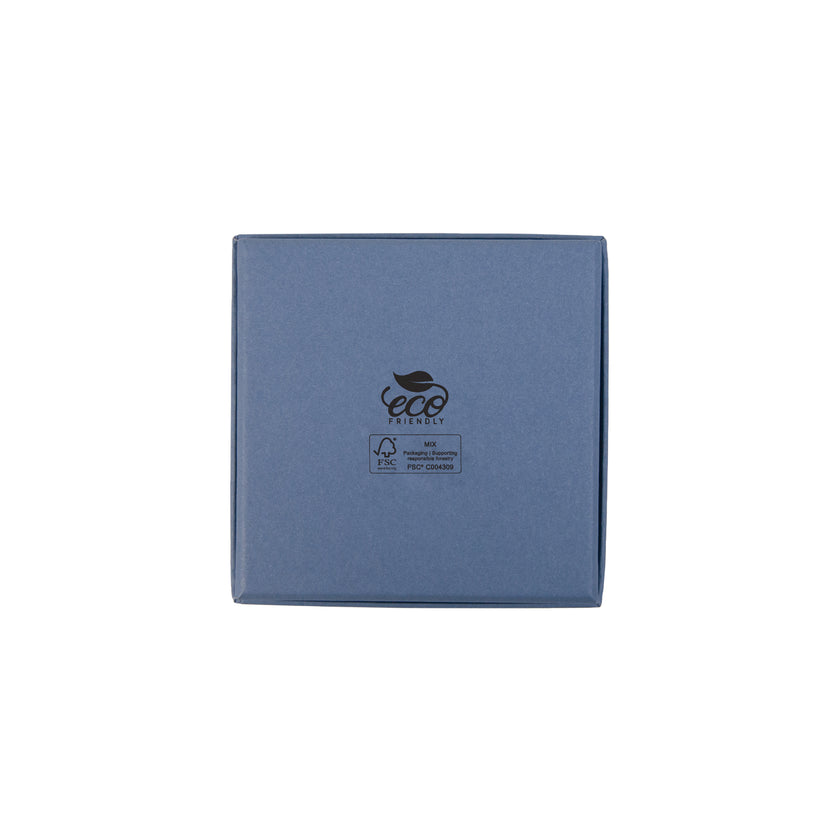 Blue square recyclable eco kraft box with FSC logo.