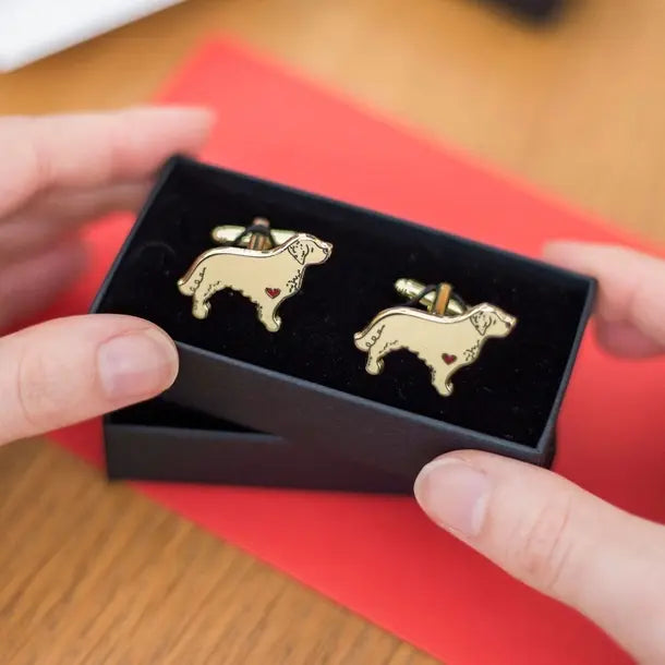 Gold dog-shaped cufflinks in a black box held by hands on a red surface.